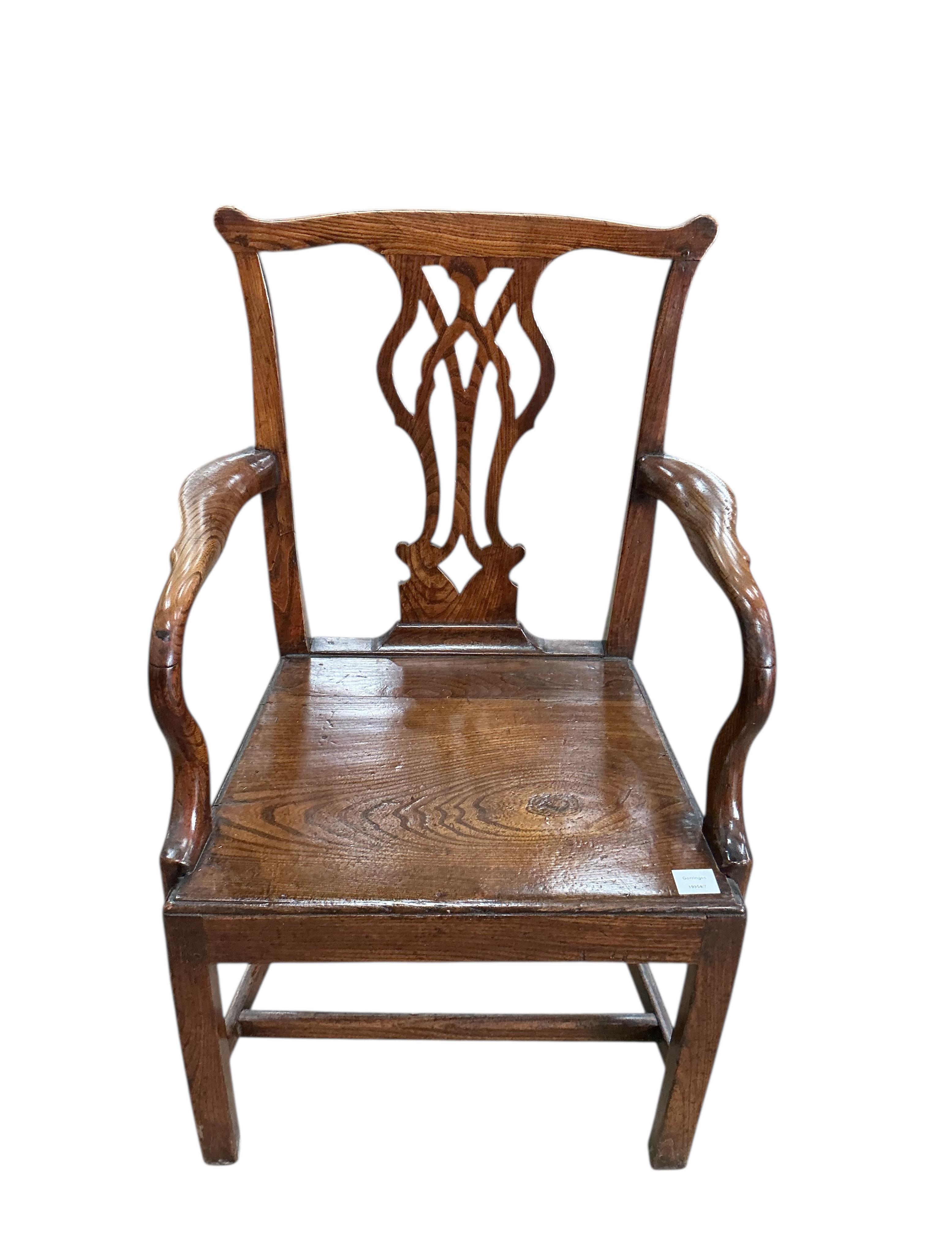A George III Provincial oak wood seat elbow chair, width 60cm, depth 46cm, height 96cm